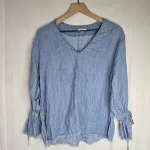 Rails Zimi Blouse Women Small Blue Linen Tencel V-Neck Coastal Boho